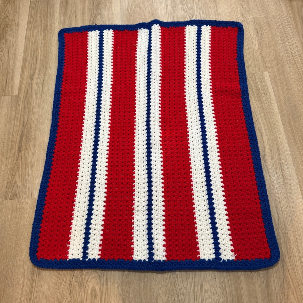 Crochet Afghan Throw Blanket 50x39 Red White Blue Striped Handmade Vintage Style